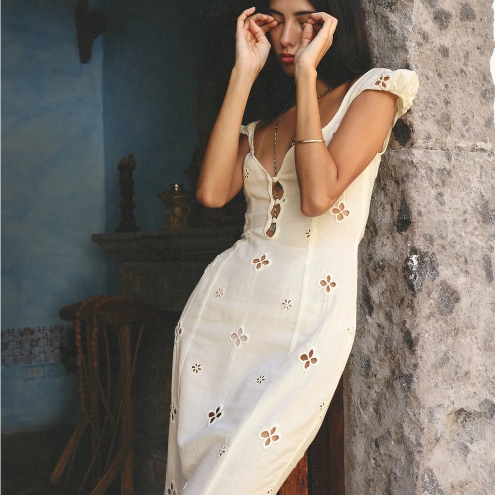 Women's Cream Eyelet Midi Dress with Button Front